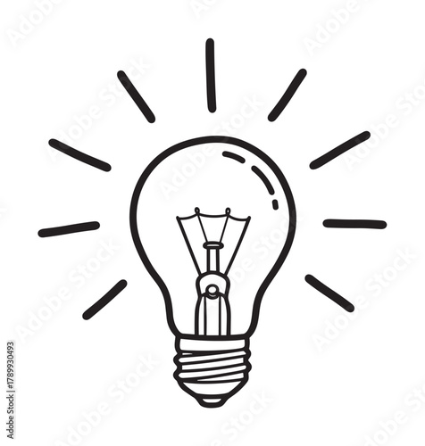 Hand drawn shining lightbulb sketch representing a new idea or solution. Black and white line art element for concepts like inspiration, energy, and creative thinking