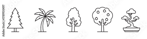 Collection of diverse tree icons in a clean outline style. Features evergreen, palm, deciduous, fruit, and bonsai plant shapes. Ideal for nature and environmental graphic design