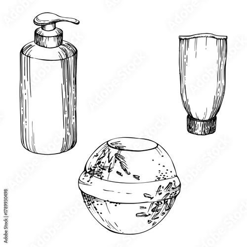 Cosmetic bottles for shampoo, gel or cream, lavender heather bath bombs with infused dried flower petals seeds , hand drawn in vector ink. Single object isolated illustration. Herbal natural treatment