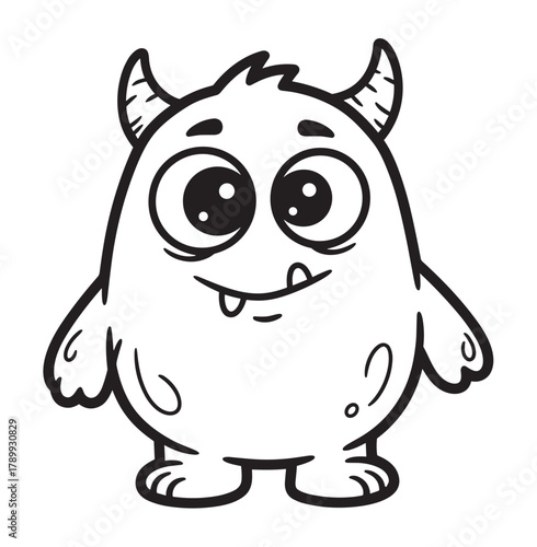 Adorable cartoon monster character with big eyes and small horns. Friendly creature outline for kids' books and playful designs. Simple black and white graphic