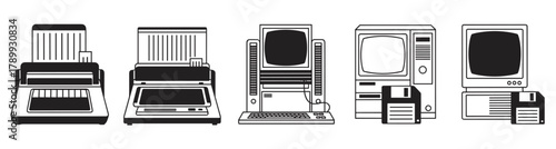 Black and white icons of vintage computer equipment. Features old desktop pcs, crt monitors, floppy disks, and dot matrix printers. Ideal for retro technology themes
