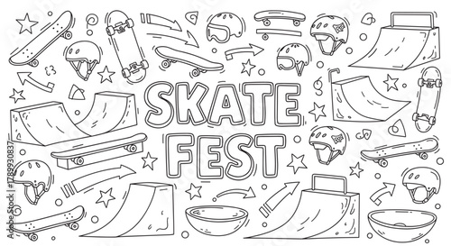 Skate fest lettering with a collection of skateboarding equipment doodles. Hand drawn set of skateboards, helmets, and ramps for an extreme sports festival concept