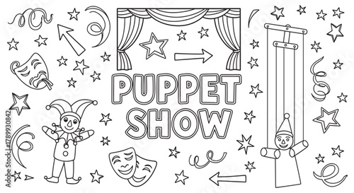 Puppet show outline drawing featuring a stage, jester, and theater masks. Great for kids' coloring books, educational activities, and creative craft projects