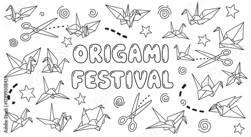 Outline drawing of origami cranes and scissors with decorative elements. Doodle art for an origami festival. Perfect for craft events and creative projects