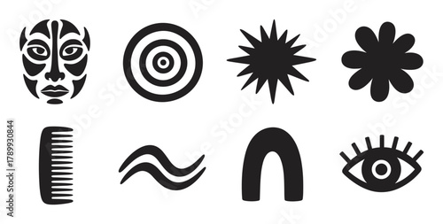Set of abstract brutalist shapes and primitive symbols for modern design. Collection includes an ethnic mask, geometric forms, and organic elements like an eye, flower, and comb
