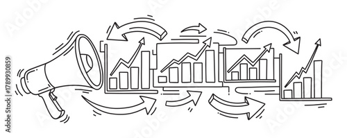 Marketing announcement concept with a megaphone and growing charts. Hand drawn doodle of financial graphs and arrows showing business success and positive results