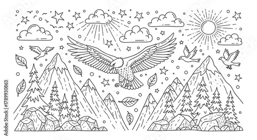 Majestic eagle soaring over a rugged mountain landscape. Hand drawn outline of nature with pine trees and flying birds. Ideal for outdoor adventure themes