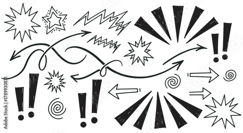 Hand drawn doodle elements set. Energetic arrows, starbursts, and exclamation marks for dynamic designs. Perfect for adding emphasis and a playful touch to any project