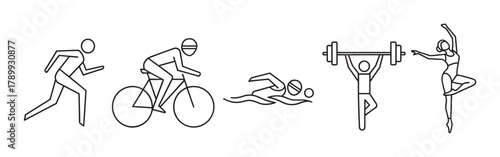 Minimalist line art icons representing various sports and athletic activities. Set includes triathlon disciplines, weightlifting, and ballet for fitness and competition concepts