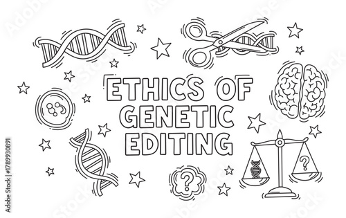 Ethics of genetic editing concept. Doodle style illustration showing dna strands, brain, and moral scales. Representing the complex decisions in gene modification