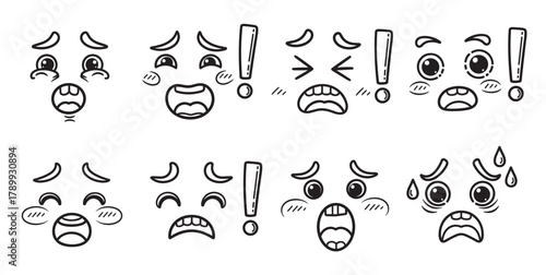 Set of scared and panicked cartoon face expressions in a cute kawaii doodle style. Hand drawn character emoticons screaming in shock, fear, and anxiety for design elements