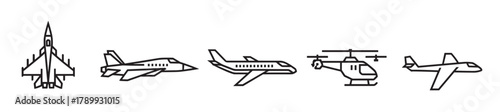 Aircraft and aviation line icon set with various planes. Collection includes fighter jet, commercial airplane, and helicopter symbols for travel and transport concepts