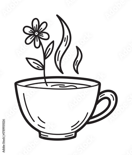 Hand drawn outline of a steaming cup. A delicate flower grows from the warm beverage. Ideal for natural herbal tea concepts or organic wellness designs