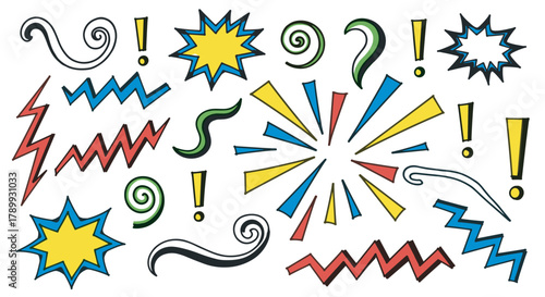 Hand drawn comic book elements for dynamic design. Playful doodle collection with exclamation marks and burst shapes. Ideal for creating energetic and expressive visual content