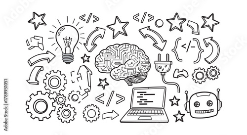 Doodle line art set of technology and innovation icons. Conceptual elements for software development and artificial intelligence projects. Modern symbols for creative problem solving