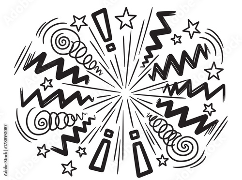 Hand drawn explosion doodle with stars and exclamation marks. Dynamic burst of energy for celebration or announcement designs. Playful black and white graphic element