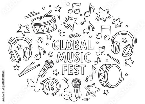 Doodle style composition for a global music fest event. Hand drawn outline icons of instruments and sound equipment like microphone, drums, headphones, and musical notes
