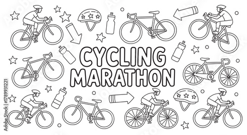 Cycling marathon doodle collection with athletes and equipment. Black and white line art for coloring book pages. Sports competition and healthy lifestyle concept design