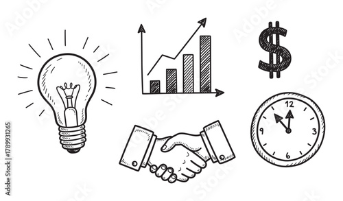 Collection of sketch business icons representing key success factors. Doodle symbols include idea lightbulb, financial growth chart, partnership handshake, money sign, and clock