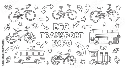 Outline drawings of various eco-friendly transport vehicles. Includes bicycles, buses, and a train for sustainable travel. Design for an 'eco transport expo' event