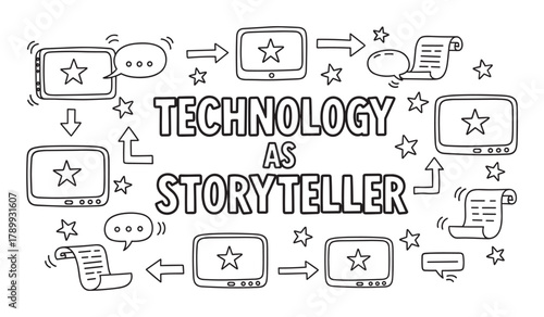 Technology as storyteller conceptual doodle with digital screens and narrative icons. Creative process of digital content creation and communication in a hand drawn sketch style