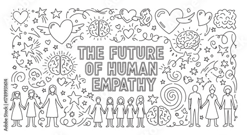 Hand drawn banner with text about the future of human empathy. Line art icons of people holding hands, hearts, and brains represent community and emotional intelligence