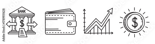 Hand drawn finance icon set for business and banking concepts. Doodle style collection with a wallet, growth chart, coin, and bank building for web and mobile application design