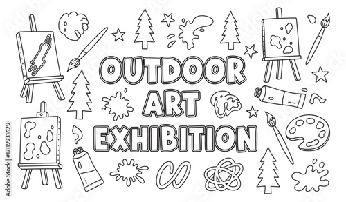 Outdoor art exhibition doodle set with painting supplies and nature elements. Hand drawn collection of easels, paintbrushes and trees for a creative festival or workshop