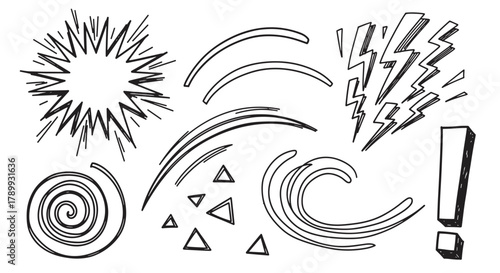 Hand drawn comic book elements collection in a doodle style. Set of cartoon action effects like explosion, lightning bolt, and motion lines for emphasis and expression
