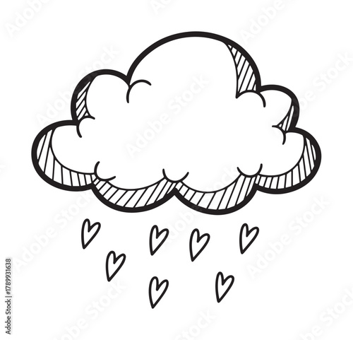 A cute hand drawn cloud raining hearts in a simple doodle style. Romantic weather concept for valentine's day greeting cards, love declarations or social media graphics