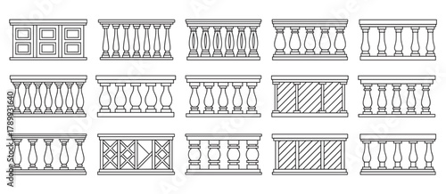 Outline balustrade designs for architectural elements. Various styles of classic and modern railings for building decor. Perfect for graphic design projects and construction concepts