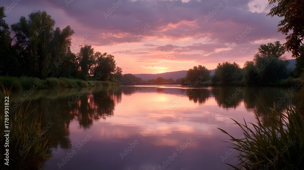 Fototapeta premium Serene sunset over a tranquil lake with vibrant reflections and colorful clouds