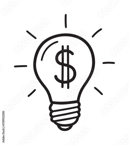 Light bulb icon with a dollar sign symbolizing a profitable business idea or financial innovation. Hand drawn doodle element for concepts like investment or making money