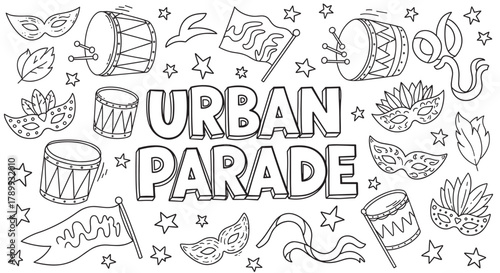 Urban parade doodle art with festive carnival elements. Hand drawn outline for celebration and party design. Ideal for coloring book pages and event invitations