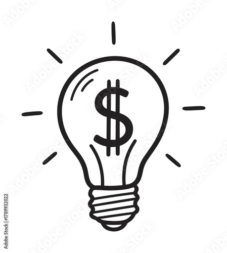 Hand drawn lightbulb with a dollar sign inside representing a profitable idea. Concept for business innovation, financial success and entrepreneurship. Minimalist outline sketch