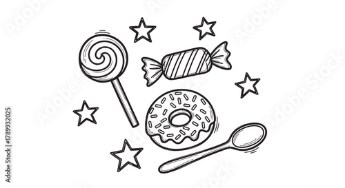 Hand drawn doodle of sweet treats and desserts. Featuring a lollipop, wrapped candy, and a donut with sprinkles. Ideal for bakery menus or party invitations