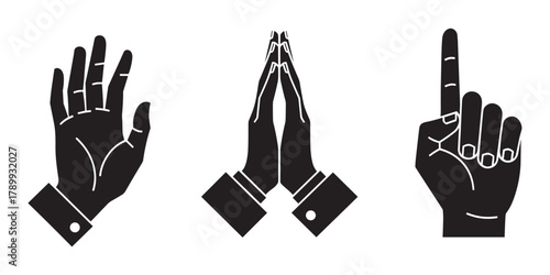 Three black hand gestures showing an open palm, praying hands, and a pointing finger. Versatile icons for communication, spirituality, and interaction concepts