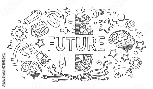 Future technology concept with artificial intelligence and robotics elements. Hand drawn doodle set of cyborgs, brains, and space exploration icons for science innovation
