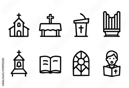 Set of eight line art icons depicting various elements related to church and religion: church building, altar, pulpit, organ, bell tower, bible, stained glass window, and a person reading a bible. Per