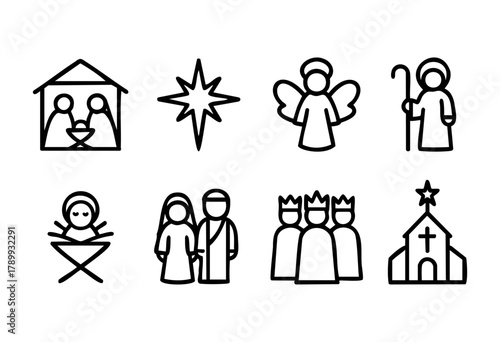A set of eight minimalist line art icons depicting key symbols of the Nativity story: Holy Family, star of Bethlehem, angel, shepherd, baby Jesus, Mary and Joseph, three wise men, and a church. Perfec