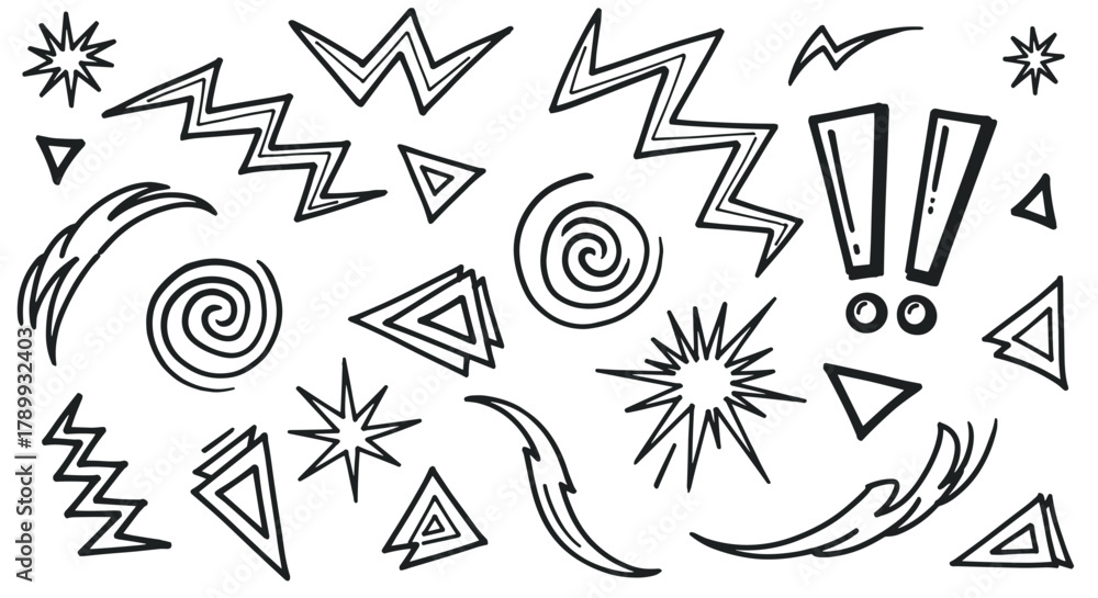 Energetic hand drawn doodle elements for graphic design projects. Abstract shapes include lightning bolts, stars, spirals, and triangles for impactful visual emphasis