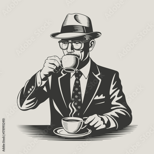 Vintage Gentleman Sipping Coffee  Retro Noir Illustration