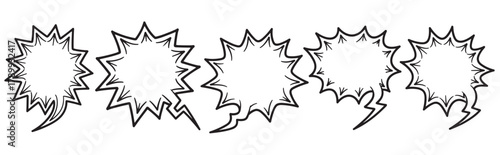 Hand drawn comic speech bubbles with jagged edges. A set of five dynamic explosion elements for graphic design. Perfect for expressing loud sound, impact, or urgent communication