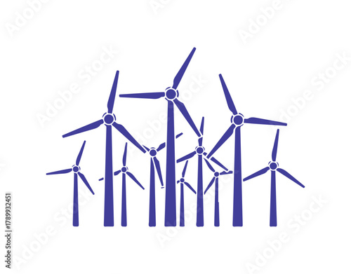 Wind energy facility towers. Windmill symbol. Concept of ecological energy. Representation of eco-friendly, renewable, sustainable, and alternative energy. Stock vector graphic.
