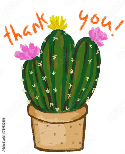 Hand-Drawn Cactus with Flowers and 'Thank You!' Message