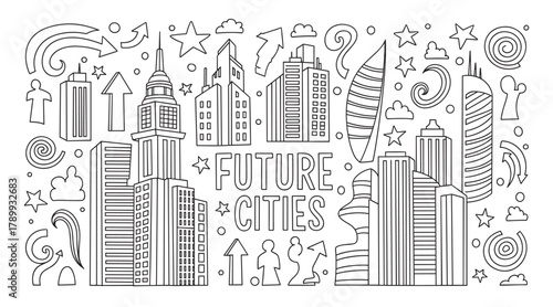 Future cities lettering with a collection of modern skyscrapers and buildings. Hand drawn doodle set representing urban development and architectural progress