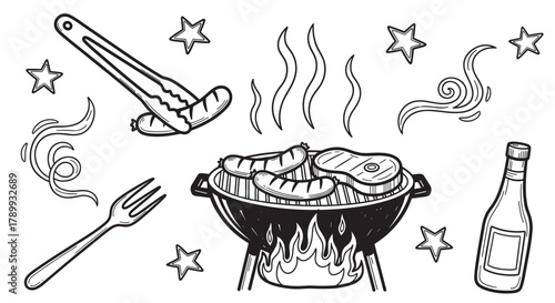 Doodle set of barbecue party icons with grilled meat, sausages, and cooking utensils. Black and white sketch for summer cookout menu or patriotic holiday celebration design