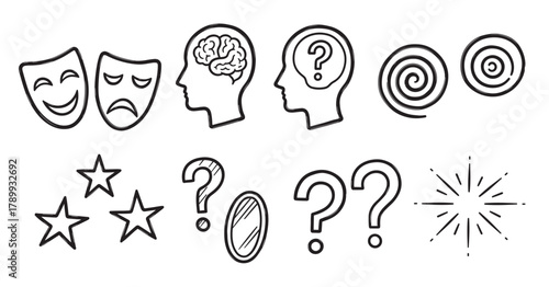 Hand drawn icon set for psychology and mental health concepts. Doodle symbols representing emotion, thinking, confusion and self reflection for therapy or neuroscience topics