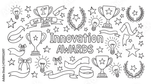 Hand drawn outline icons for innovation awards celebration. Featuring trophies, lightbulbs, stars, and decorative ribbons. Ideal for achievement and creative success concepts
