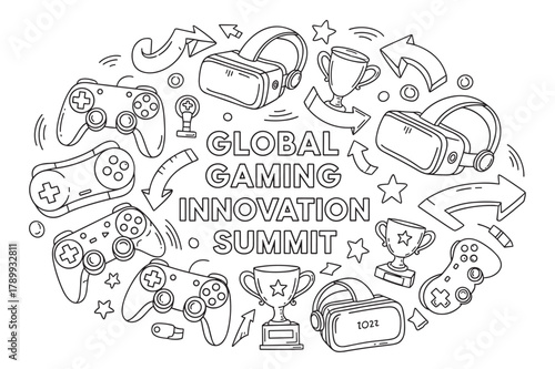 Global gaming innovation summit concept with doodle style elements. Hand drawn collection of gamepads, vr headsets, and winner trophies for an esports competition banner